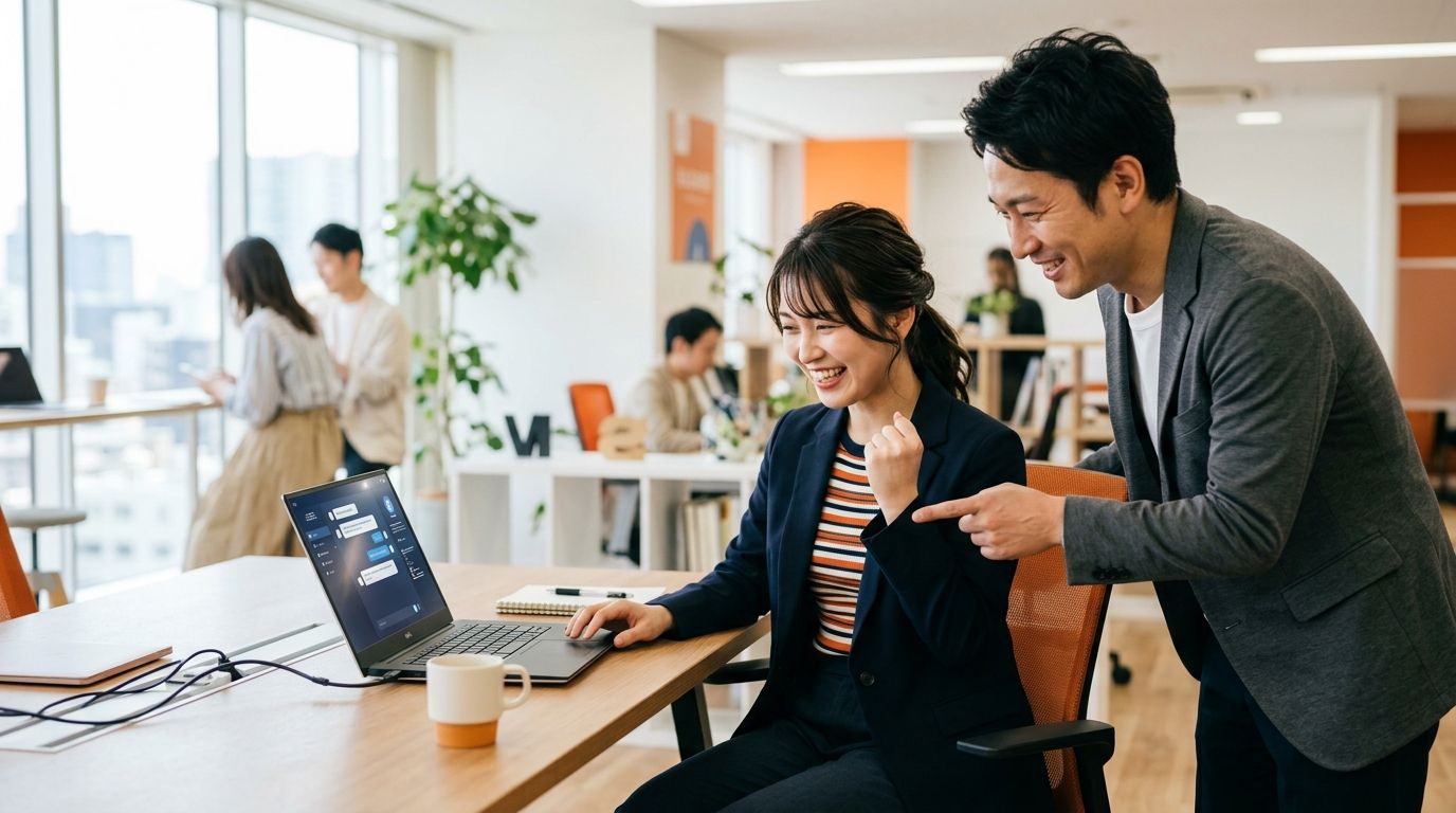 ノートPCの生成AI画面を見ながら成果に笑顔になる受講生と、画面を指差して喜ぶ同僚