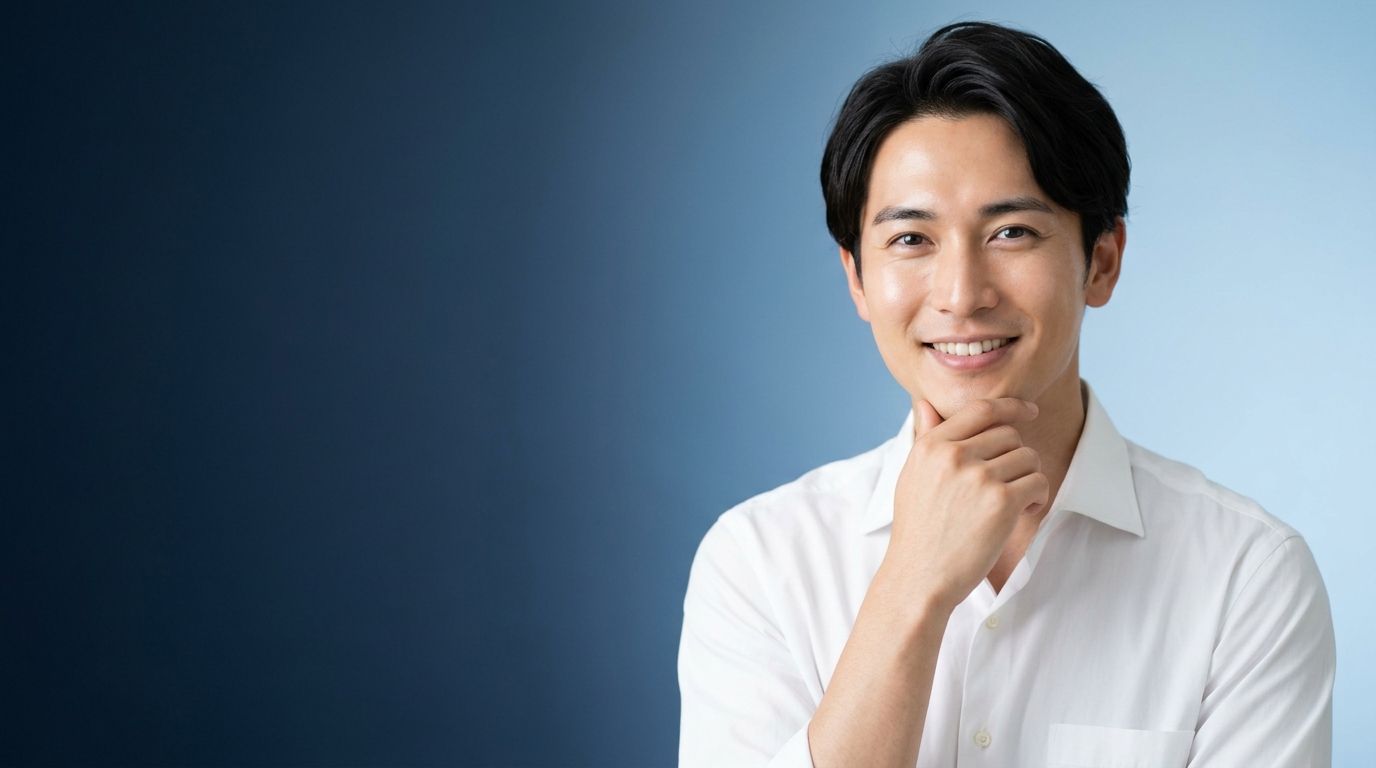 ヒゲ剃り跡のないツヤ肌で微笑む男性モデル