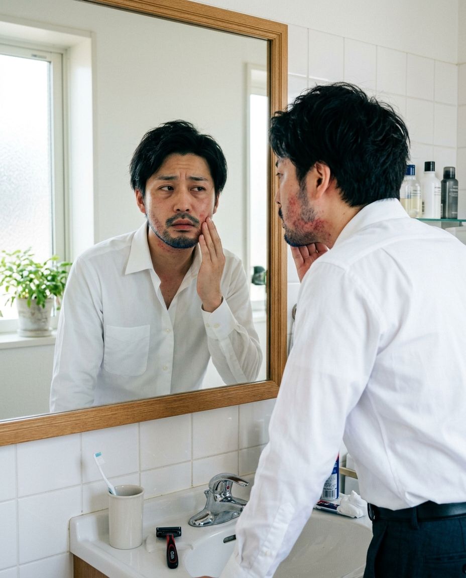 朝の洗面所で青ヒゲとカミソリ負けに悩む男性の実写カット