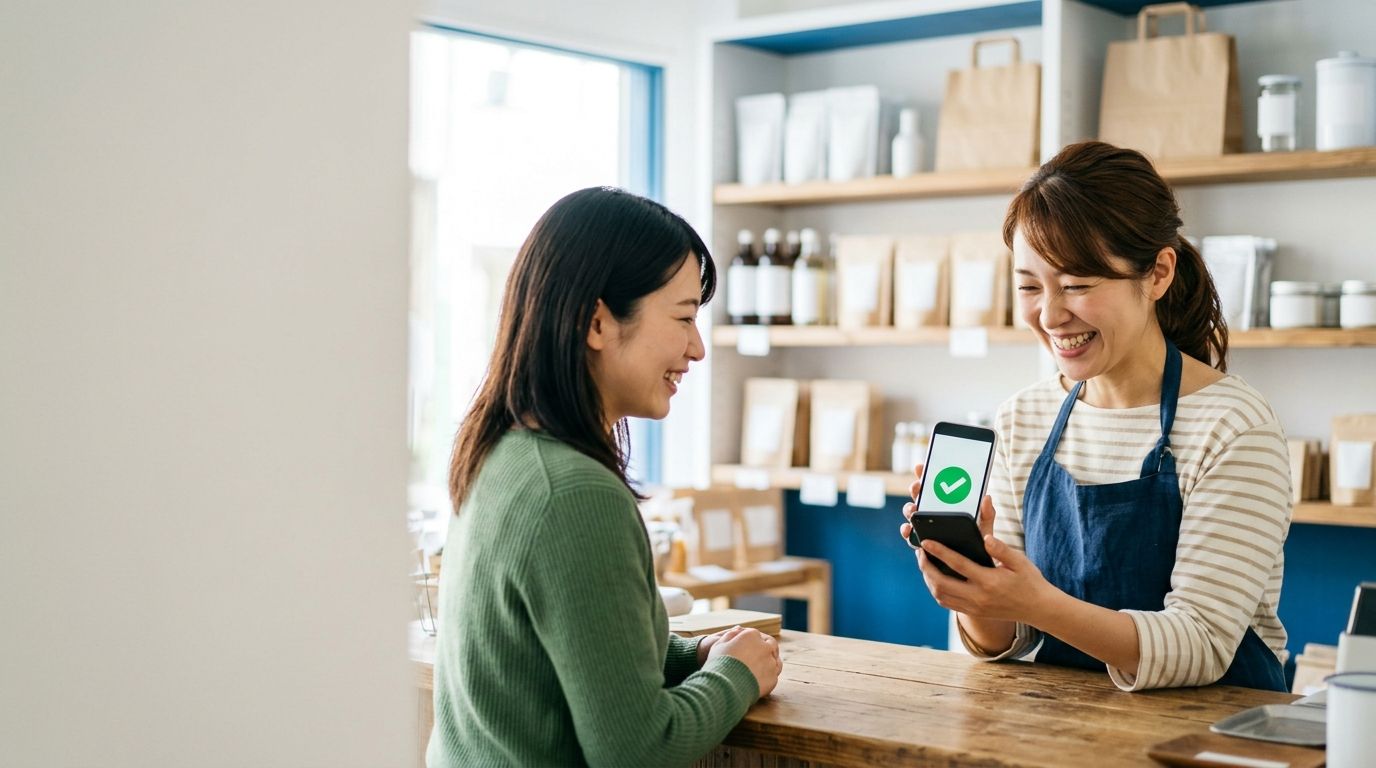 小さなお店のカウンターで、店主が決済完了画面のスマートフォンをお客様に笑顔で見せている様子