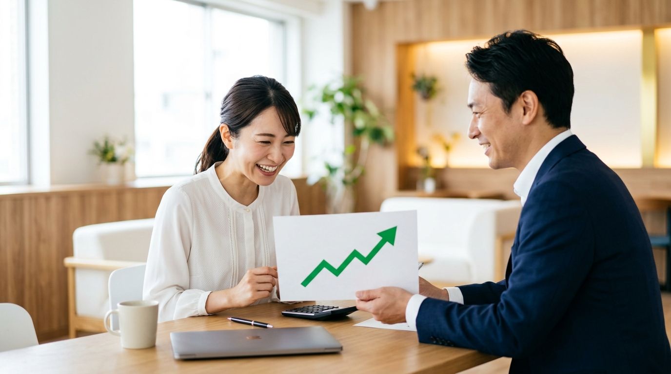 面談室で年収提示の資料を見て笑顔になる経理職の女性とキャリアアドバイザー（デモ用生成画像）
