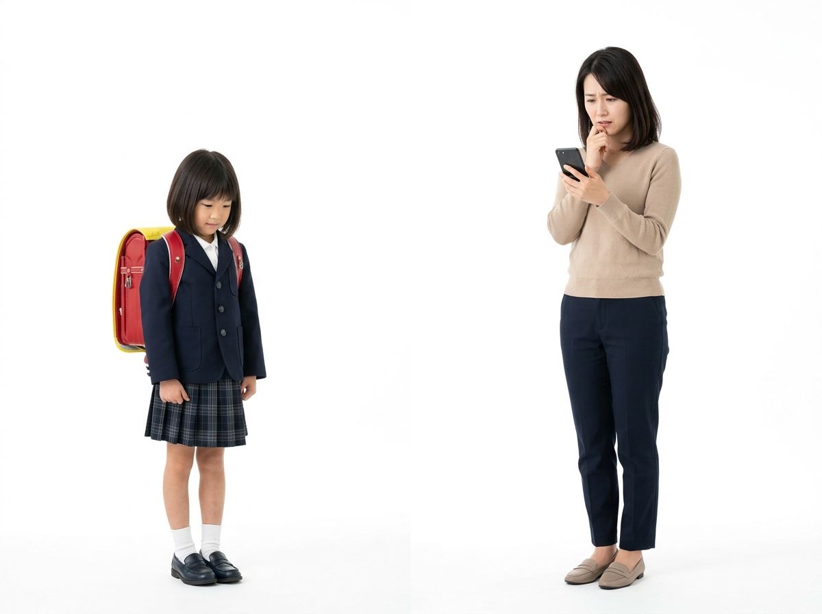 画像スロット: ランドセルの子ども+悩む親の実写切り抜き