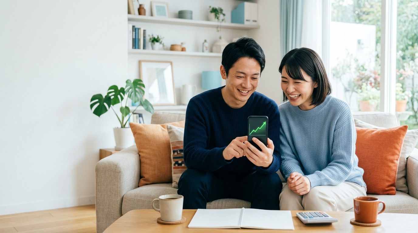 スマホで無料講座を視聴しながら安心した笑顔を交わす30代の夫婦