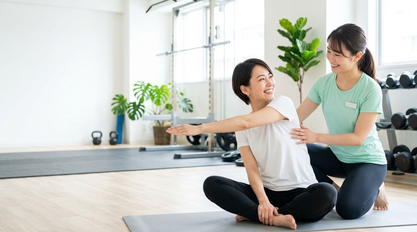 明るいジムで笑顔の女性トレーナーが利用者のストレッチを隣で支えている実写