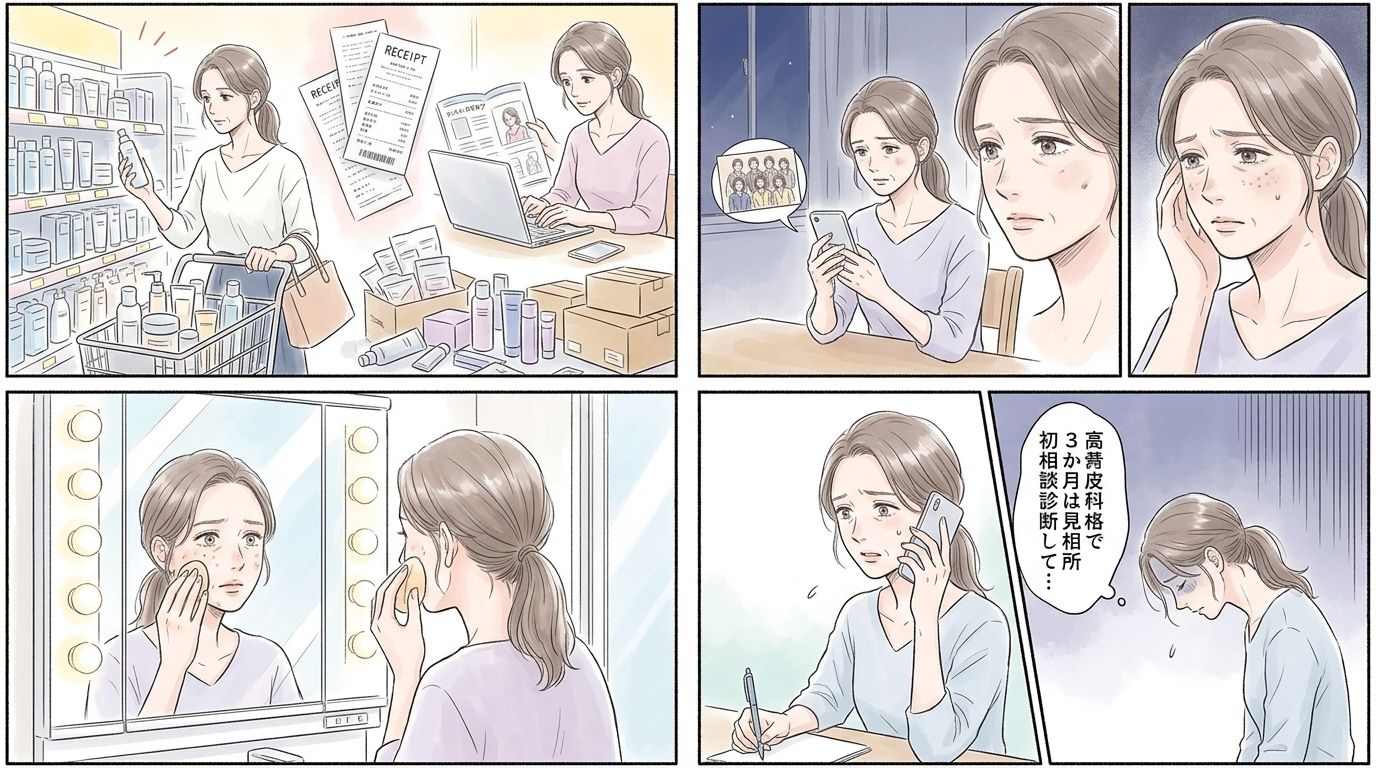 【漫画】悩み発生→美白化粧品の失敗→美容皮膚科の障壁（4コマ・右から左）
