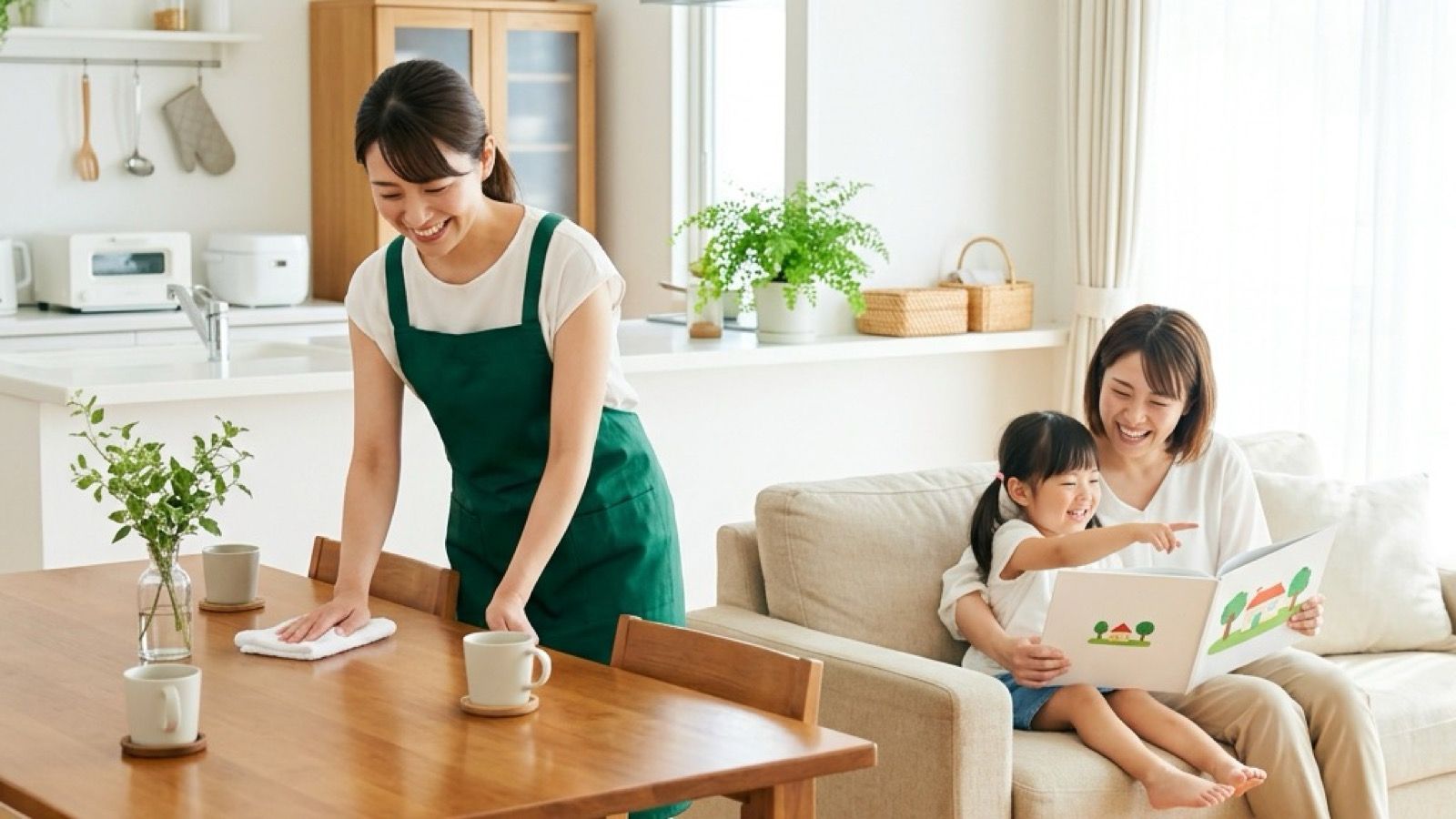 緑のエプロン姿で笑顔の家事代行スタッフがダイニングテーブルを拭き上げ、奥のソファでは母と子が絵本を広げてくつろいでいる明るいリビング