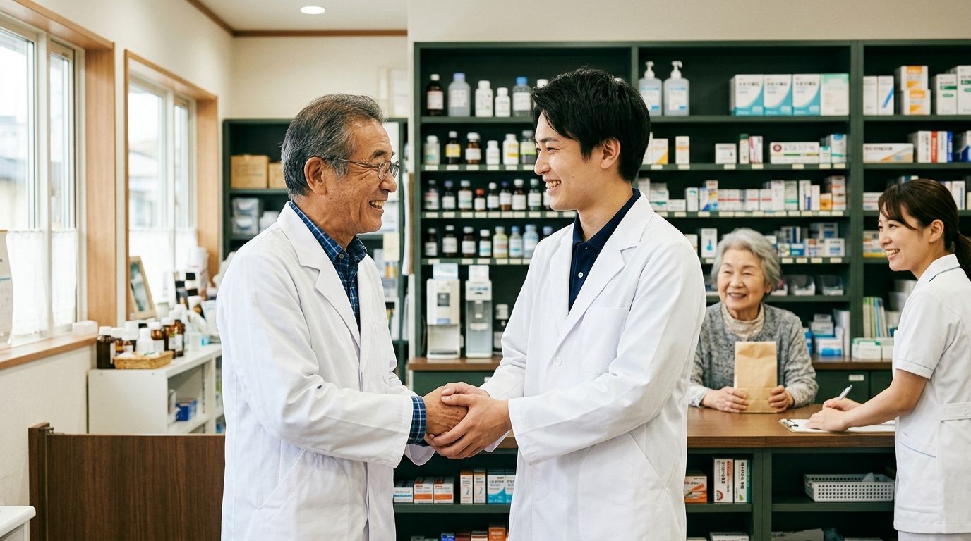 白衣の薬局オーナーが若手薬剤師と笑顔で握手を交わす承継の場面