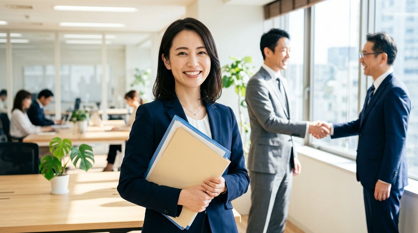 書類を手に微笑む専任コーディネーター。奥では経営者と税理士が握手を交わしている
