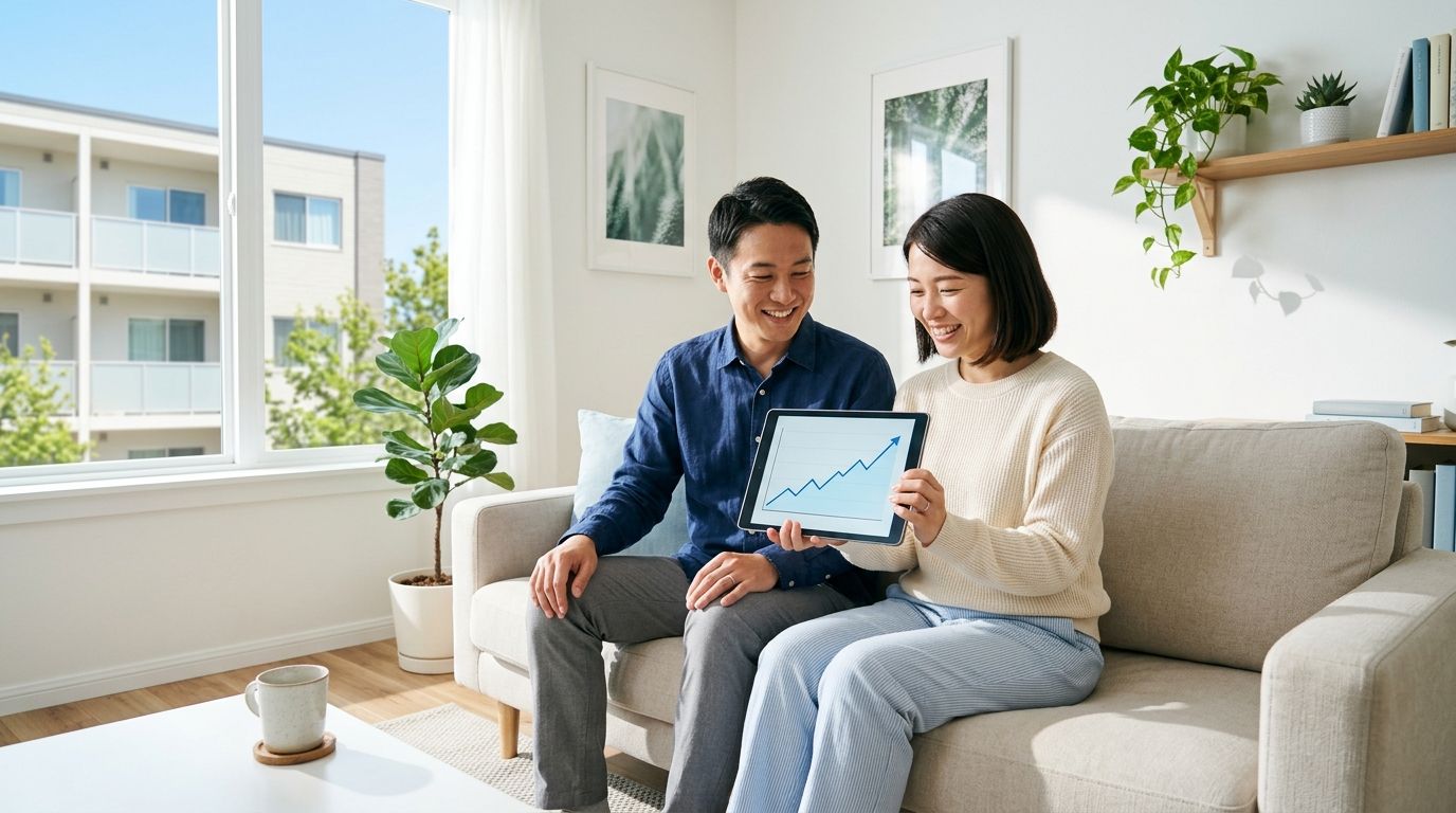 タブレットの収支グラフを見て微笑む30代の会社員夫婦。窓の外には新築アパート