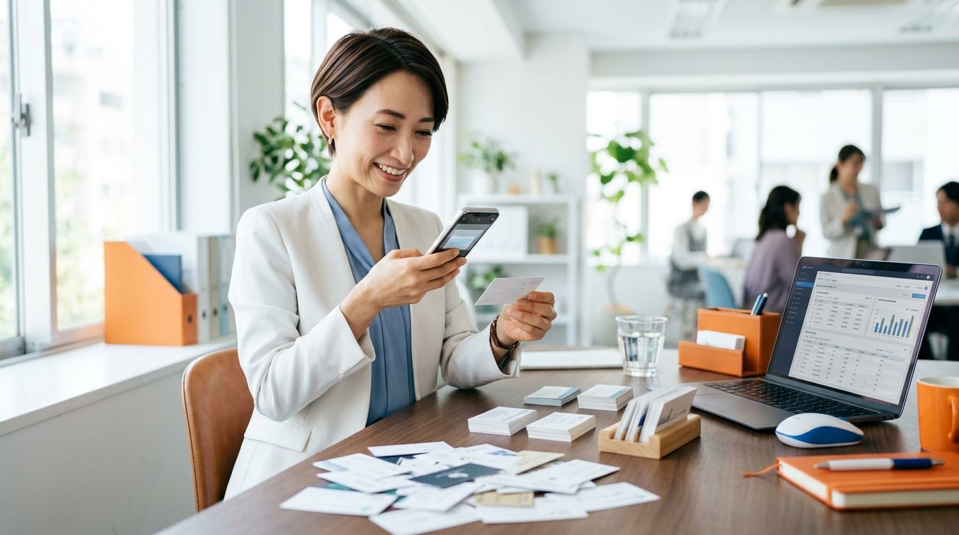明るいオフィスで、笑顔の営業担当者がスマホで名刺をスキャンしている。かたわらのノートPCには顧客リストの管理画面