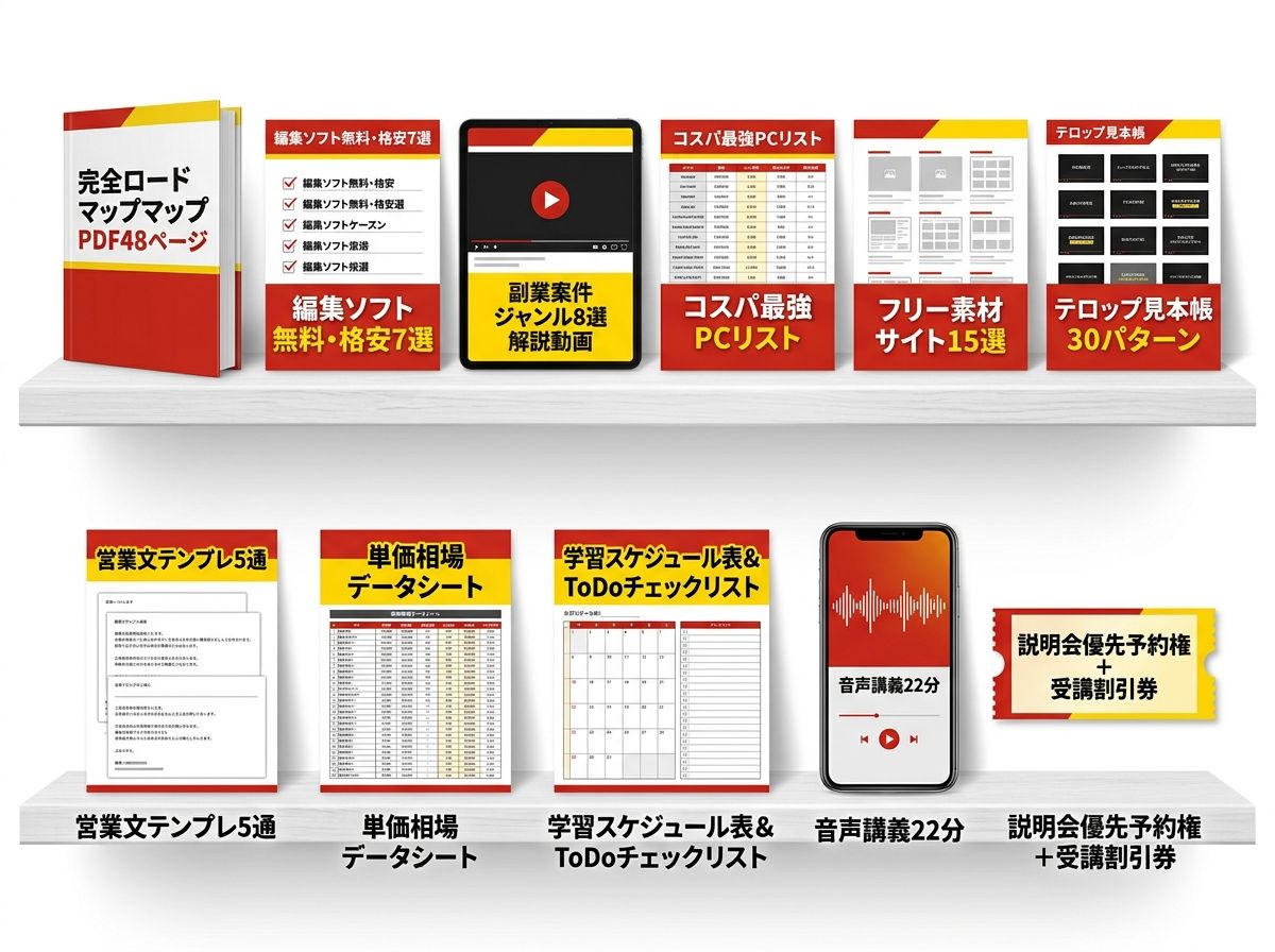 IMG: 特典11個の教材サムネイル横並び（各サムネに実物名＋個数を刻印）