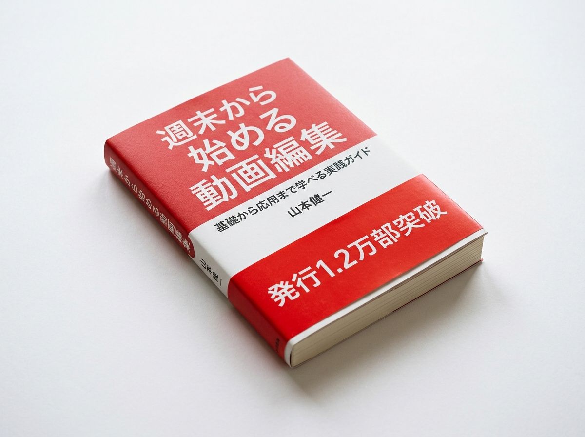 IMG: 書籍『週末から始める動画編集』実物写真＋「発行1.2万部突破」帯